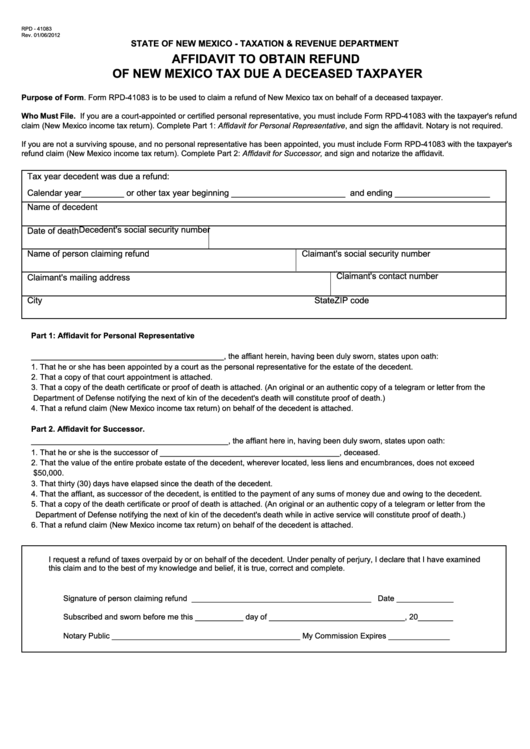 Form Rpd - 41083 - Affidavit To Obtain Refund Of New Mexico Tax Due A Deceased Taxpayer Printable pdf
