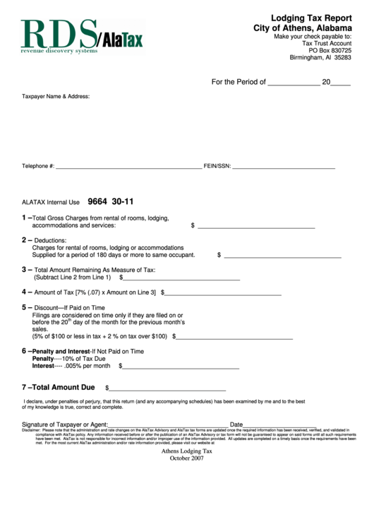 Alatax Lodging Tax Report Form City Of Athens printable pdf download