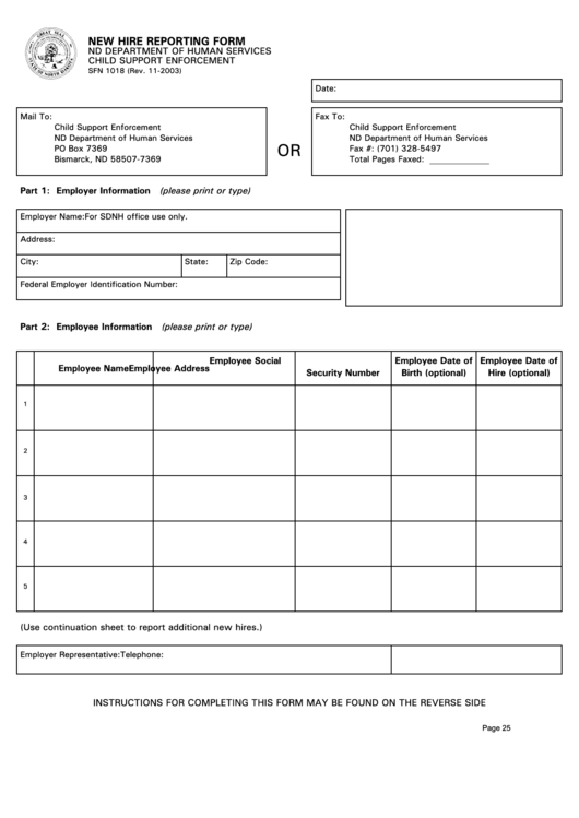 New Hire Reporting Form - Nd Department Of Human Services Printable pdf