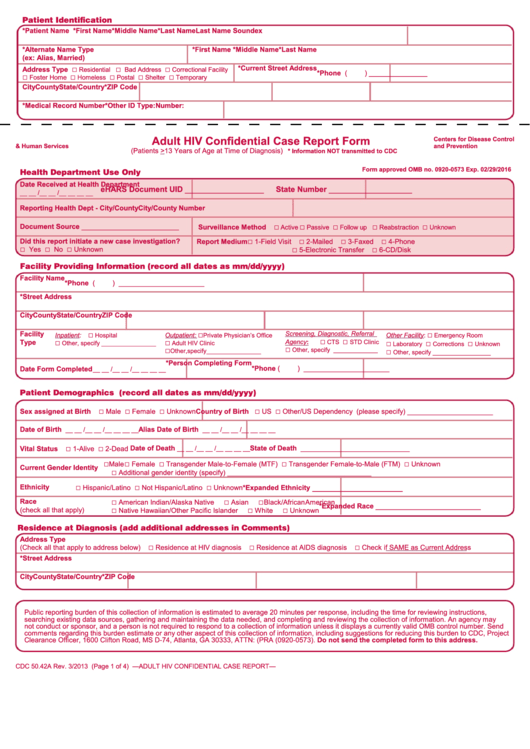 Form Cdc 50.42a - Adult Hiv Confidential Case Report Form Printable pdf