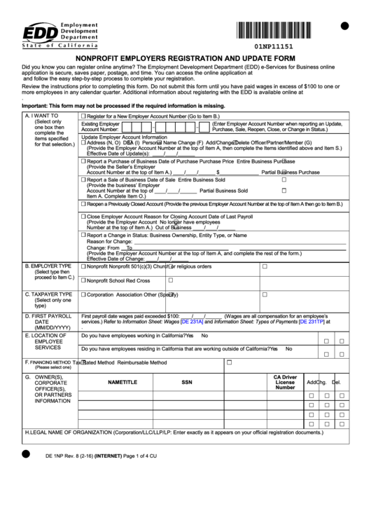 Fillable Form De 1np - Nonprofit Employers Registration And Update Form - 2016 Printable pdf