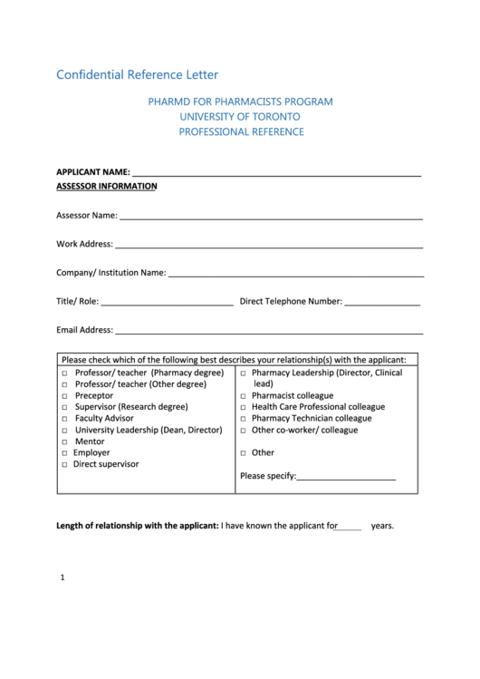 Confidential Reference Letter Template Printable pdf
