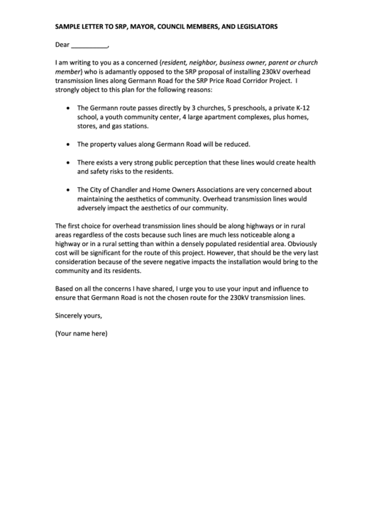 Sample Letter To Srp, Mayor, Council Members, And Legislators Printable pdf