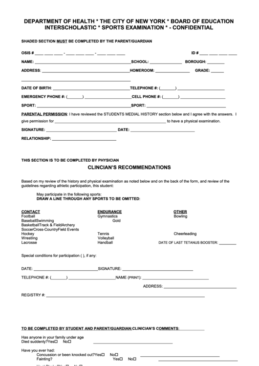 Students Medial History Form - Department Of Health, The City Of New York Printable pdf