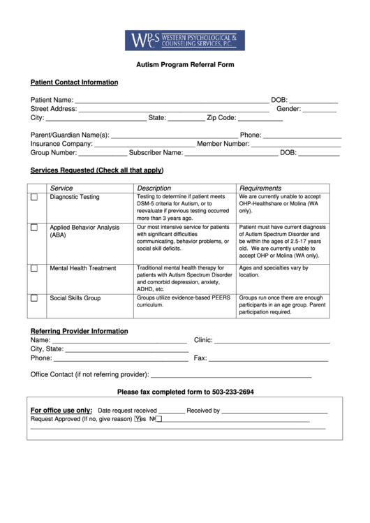 Autism Program Referral Form printable pdf download
