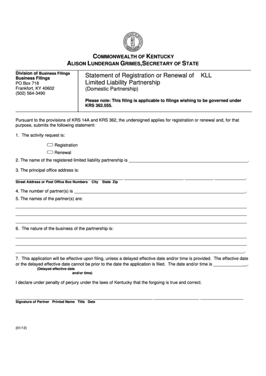 Fillable Statement Of Registration Or Renewal Of Kll Limited Liability Partnership Form Printable pdf