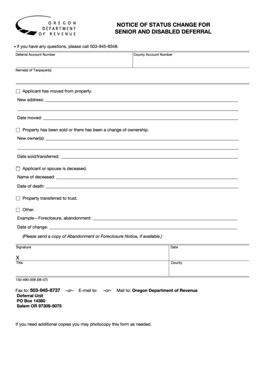 Fillable Notice Form Of Status Change For Senior And Disabled Deferral Printable pdf