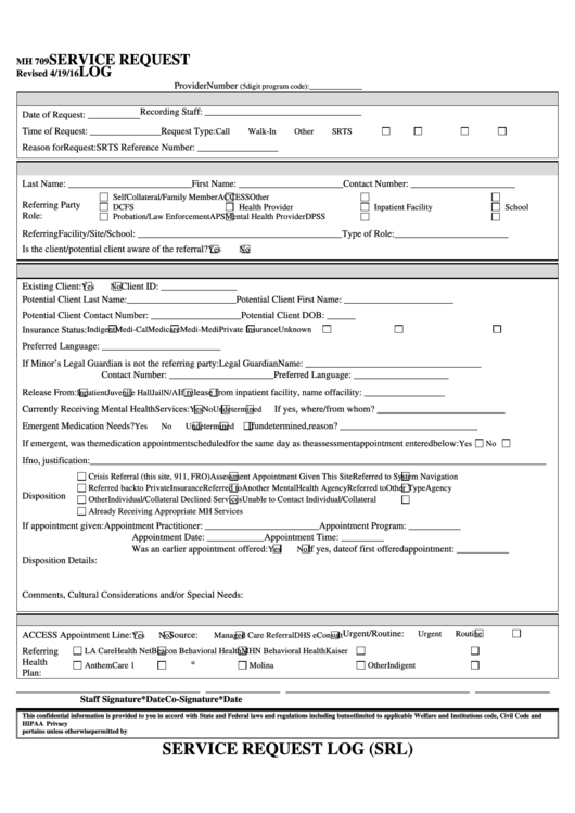 Fillable Mh 709 Form - Service Request Log Printable pdf