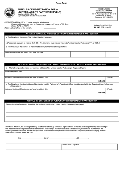 Fillable State Form 51572 - Articles Of Registration For A Limited Liability Partnership (Llp) Printable pdf