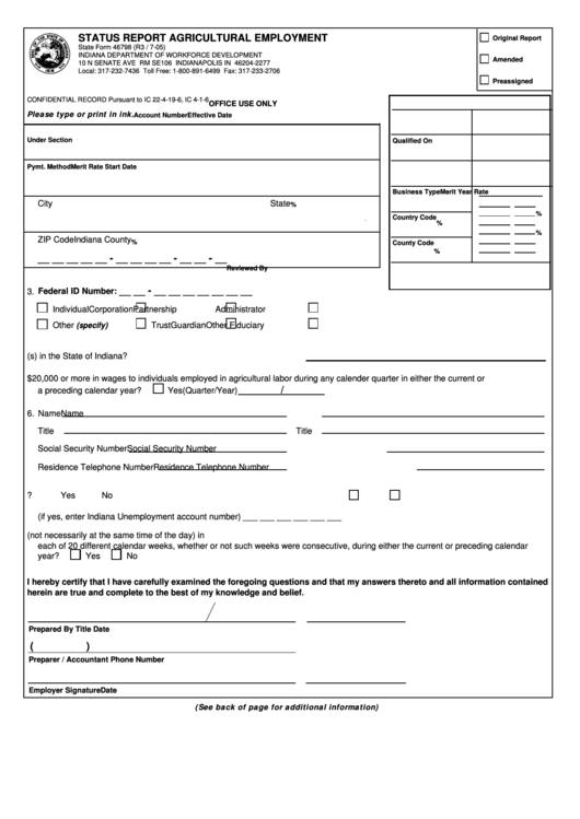 State Form 46798 Status Report Agricultural Employment printable pdf