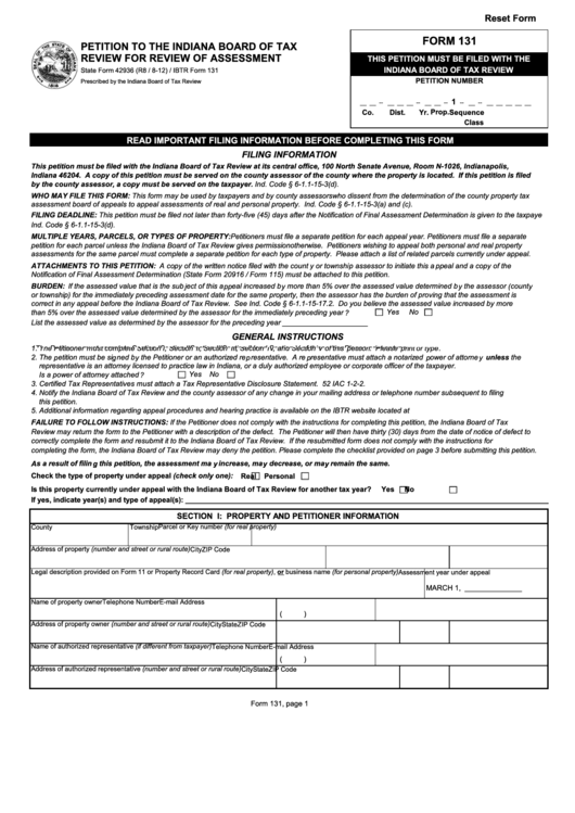 Fillable State Form 42936 - Petition To The Indiana Board Of Tax Review For Review Of Assessment Printable pdf