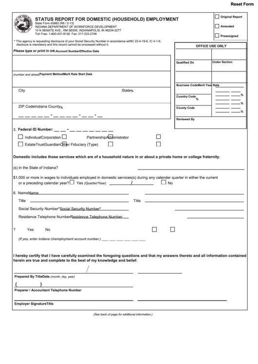 Fillable State Form 45982 - Status Report For Domestic (Household) Employment Printable pdf