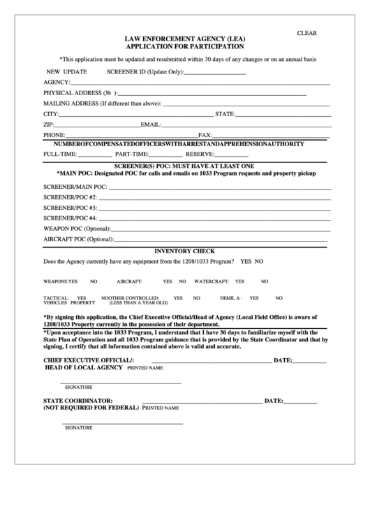 Fillable Law Enforcement Agency (Lea) - Application For Participation Form Printable pdf