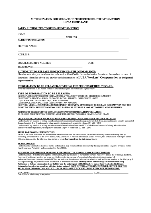 Authorization For Release Of Protected Health Information Form Printable pdf