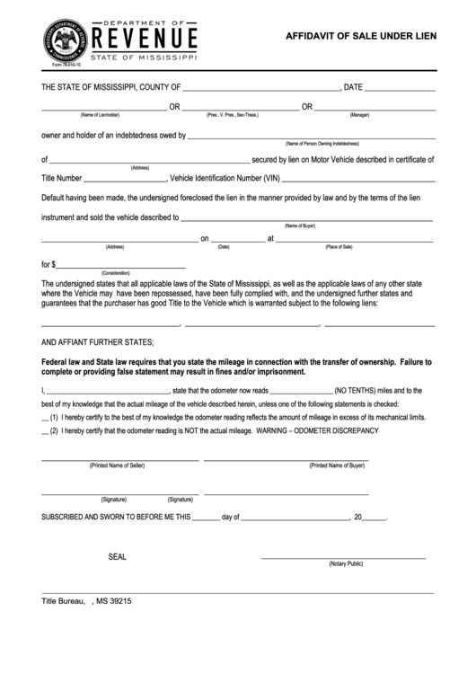 Form 78-010-10 - Affidavit Of Sale Under Lien Form Printable pdf