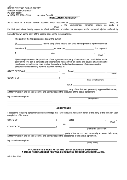 Dps Form Sr-19 - Installment Agreement - Texas Printable pdf