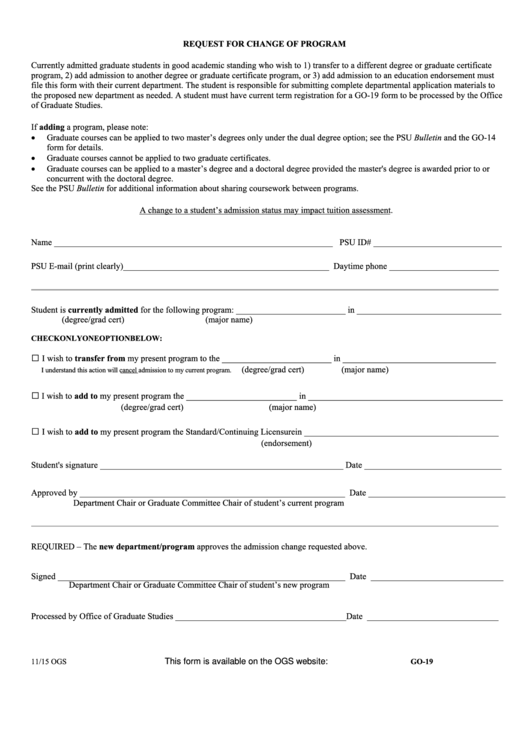 Form Go-19 - Request For Change Of Program