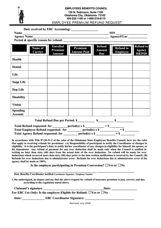 Employee Premium Refund Request Form Printable pdf