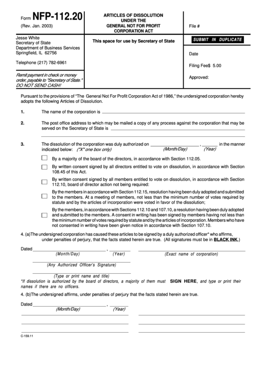 Fillable Form Nfp-112.20 - Articles Of Dissolution Under The General Not For Profit Corporation Act - Il Department Of Business Services - 2003 Printable pdf