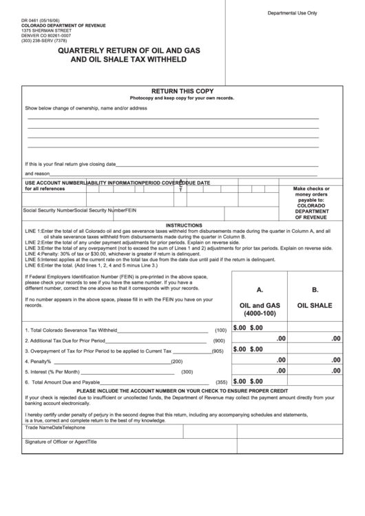 Form Dr 0461 - Quarterly Return Of Oil And Gas And Oil Shale Tax Withheld Printable pdf