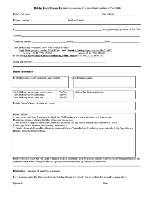 Holiday Travel Consent Form Printable pdf