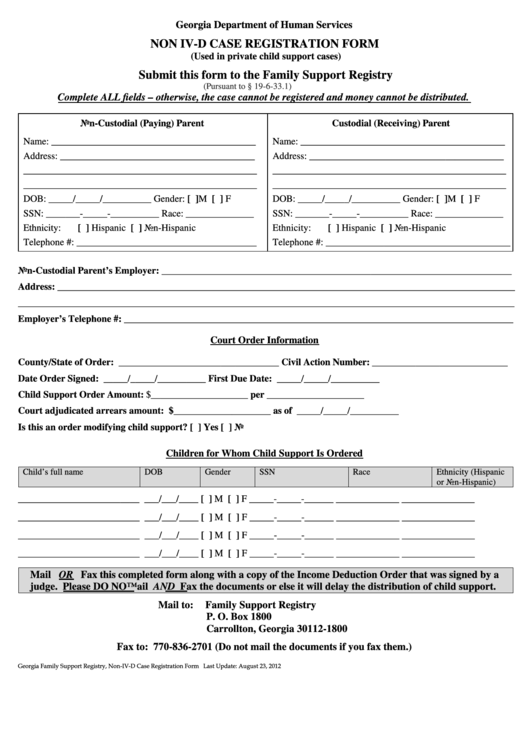 Non Iv-D Case Registration Form - Georgia Department Of Human Services Printable pdf