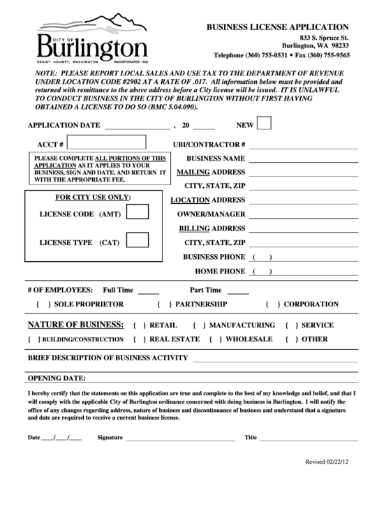 Business License Application - City Of Burlington, Washington - 2012 Printable pdf