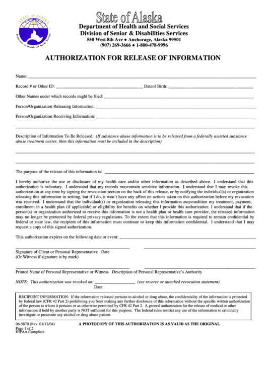 Fillable Authorization For Release Of Information Form - State Of Alaska 2004 Printable pdf