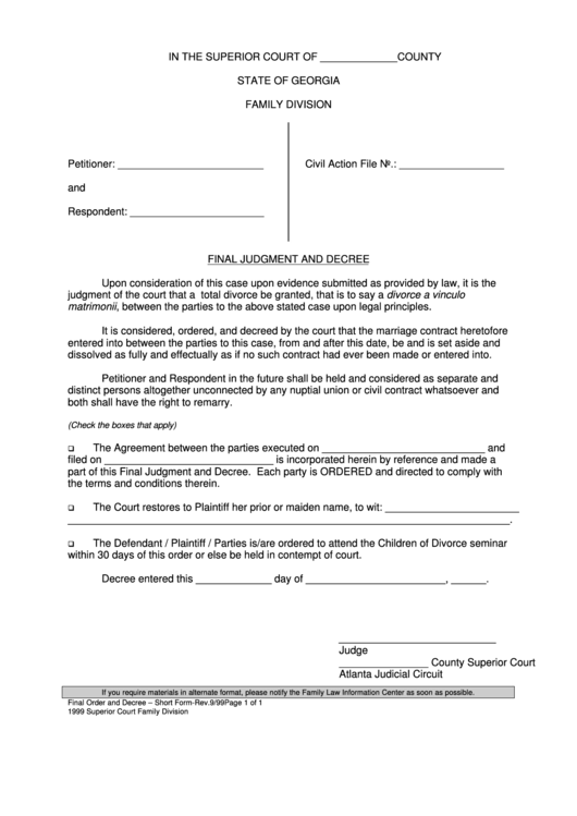 Final Judgment And Decree Short Form Printable pdf