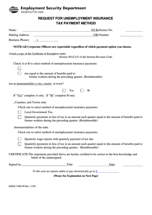 Emsx 5200-99 Request For Unemployment Insurance Tax Payment Method Form Printable pdf
