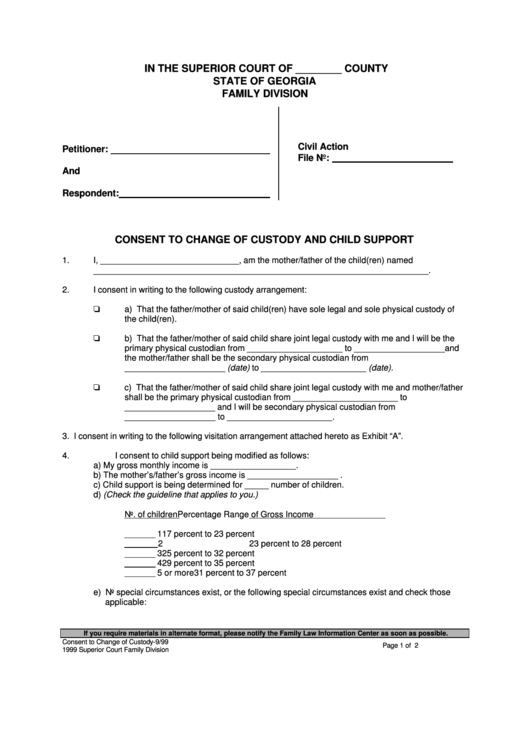 Form-9/99 - Consent To Change Of Custody And Child Support Printable pdf