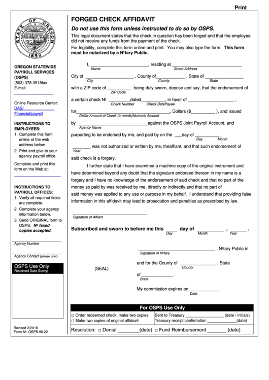 Fillable Form Osps.99.22 - Forged Check Affidavit Form Printable pdf