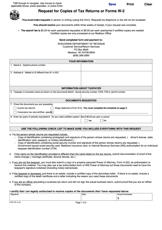 Fillable P-521 Request For Copies Of Tax Returns Or Form W-2 Printable pdf