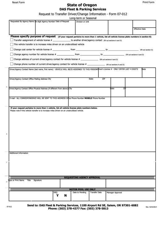 Fillable Form 07-012 - Request To Transfer Driver/change Information Printable pdf