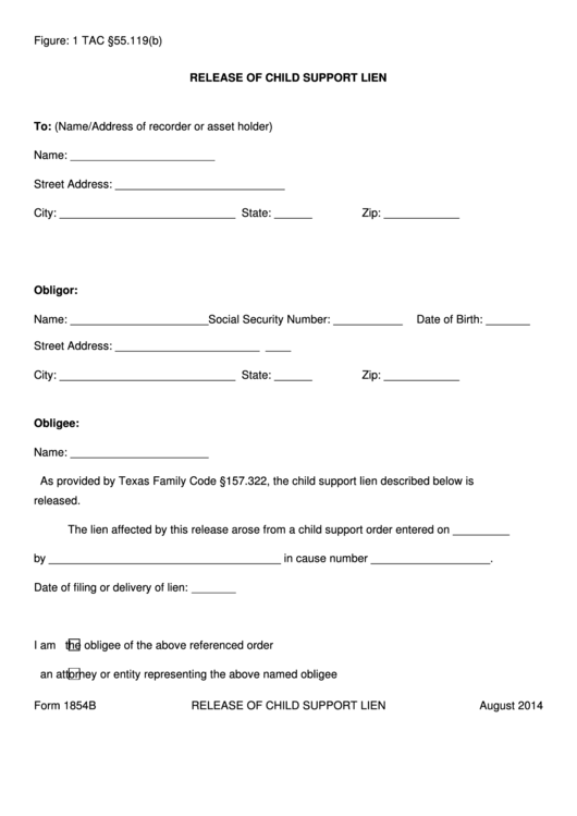 Fillable Form 1854b - Release Of Child Support Lien Form Printable pdf