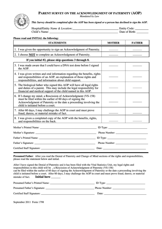 Form 1798 - Parent Survey On The Acknowledgment Of Paternity (Aop) Printable pdf