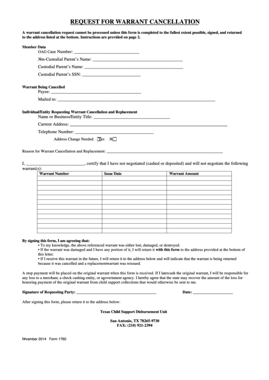 Form 1760 - Request For Warrant Cancellation Printable pdf