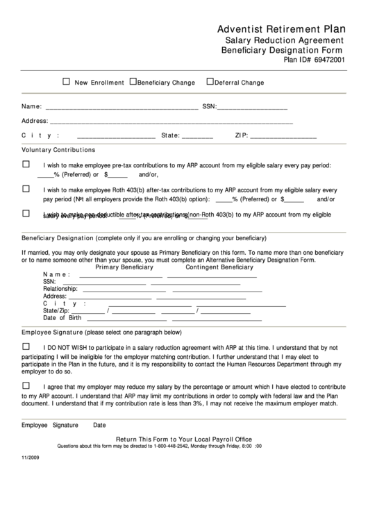 Salary Reduction Agreement Beneficiary Designation Form Printable pdf