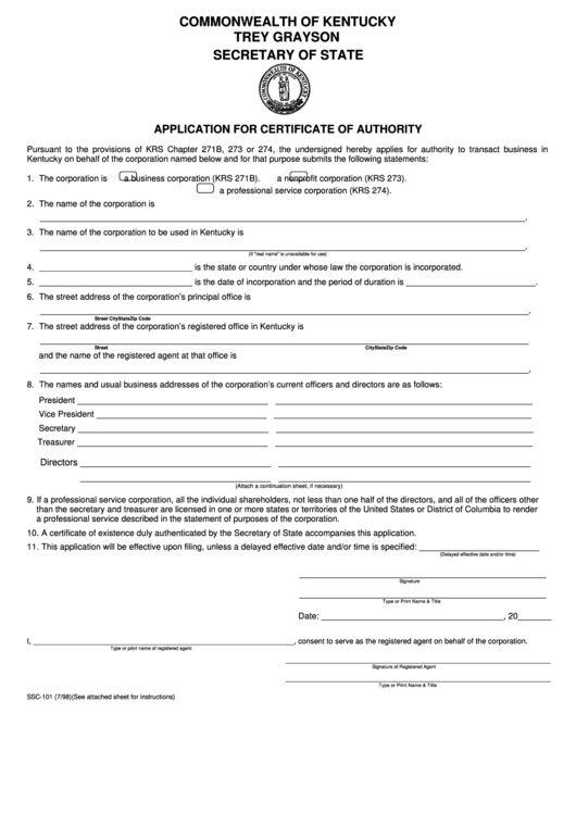 Fillable Form Ssc-101 - Application For Certificate Of Authority Printable pdf