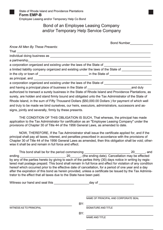 Fillable Form Emp-B - Bond Of An Employee Leasing Company And/or Temporary Help Service Company Printable pdf