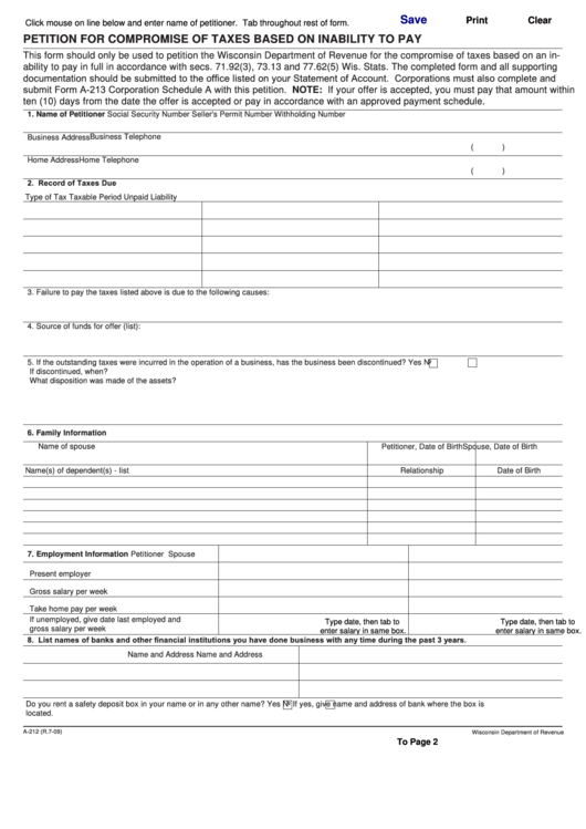 Fillable Form A-212 Petition For Compromise Of Taxes Based On Inability To Pay Printable pdf