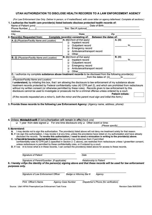 Authorization To Disclose Health Records To A Law Enforcement Agency Form Utah Printable pdf