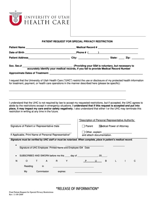 Fillable Patient Request For Special Privacy Restriction Form Printable pdf
