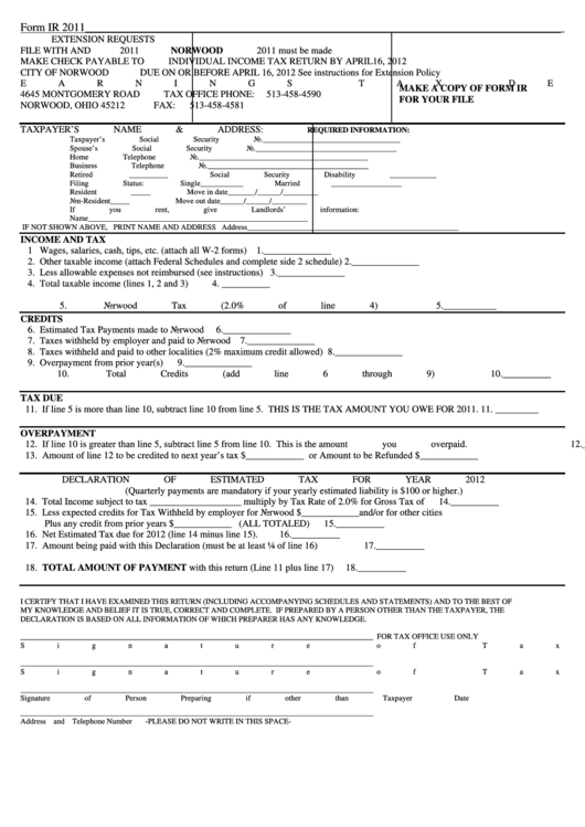 Form Ir - Individual Income Tax Return - Norwood - 2011 Printable pdf