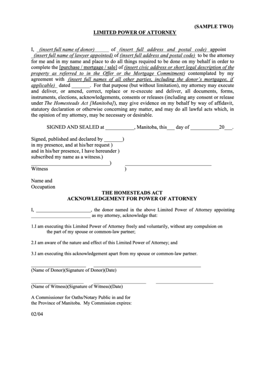 (Sample Two) Limited Power Of Attorney Form Printable pdf