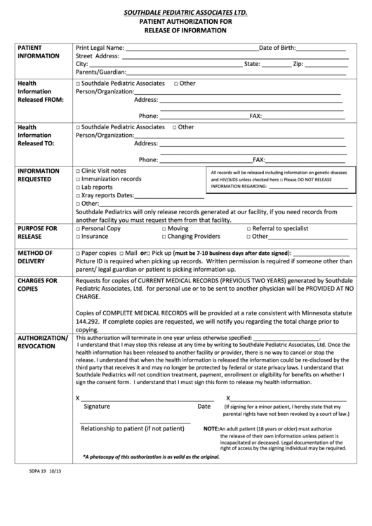 Release Of Information Form Printable pdf