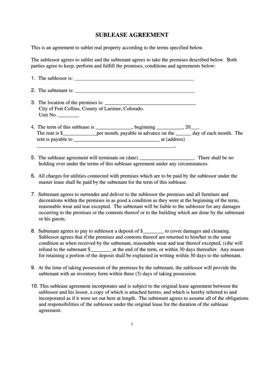 Sublease Agreement Form Printable pdf