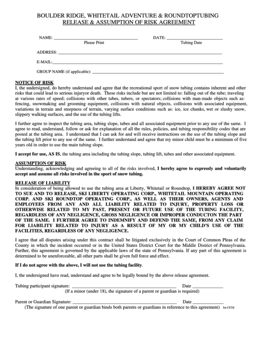 Release & Assumption Of Risk Agreement Form Printable pdf