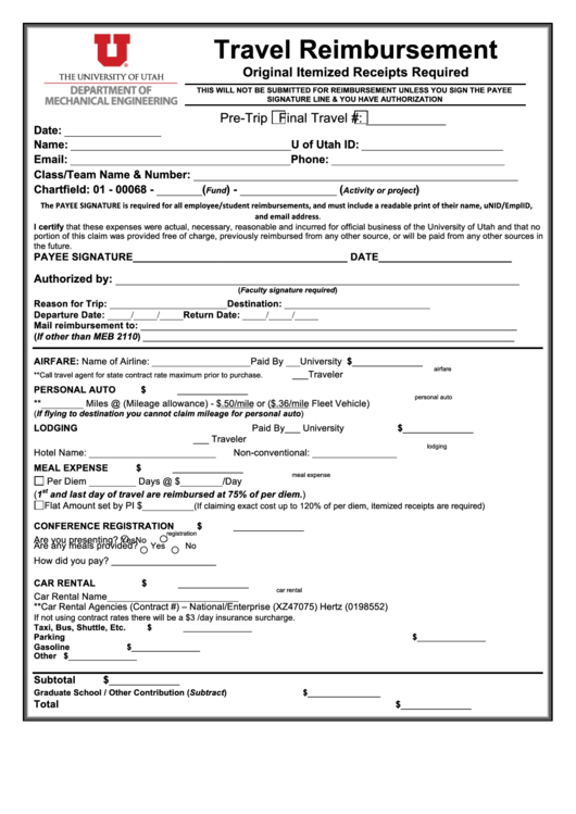 Fillable Travel Reimbursement Form Printable pdf