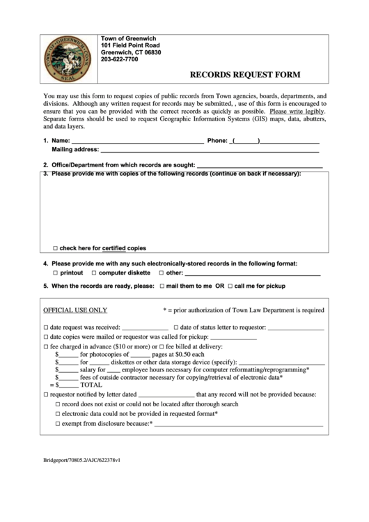 Records Request Form - Town Of Greenwich Printable pdf